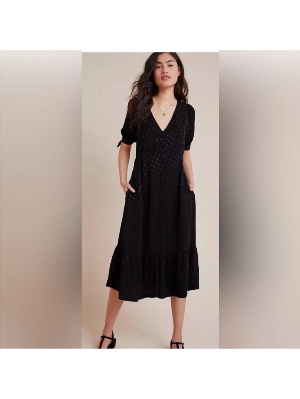 Anthropologie Maeve size 2 Black V-Neck Midi Dress with Puff Sleeves